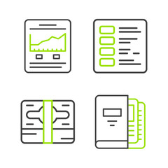 Set line Office folders, Stacks paper money cash, Business finance report and Website with growth graph icon. Vector