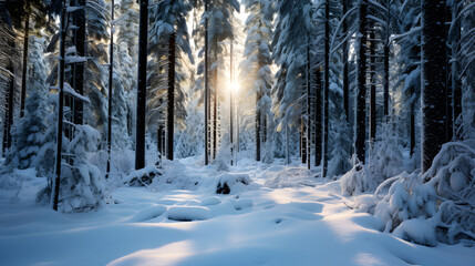 A peaceful winter landscape featuring frosted trees and snow-covered hills under a clear sky. Perfect for themes related to winter, nature, serenity, and seasonal beauty.