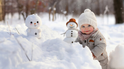 A Healthy Cute Baby's First Snowman joyful experience in snowy outdoor in Winter Season: Frosty Smiles