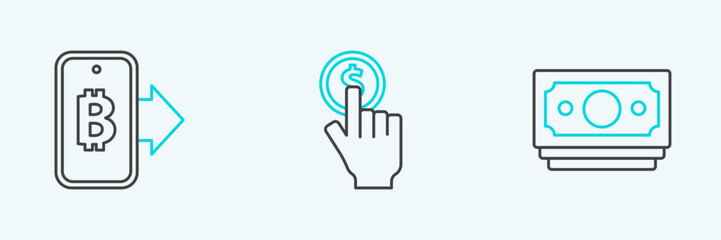 Set line Stacks paper money cash, Mining bitcoin from mobile and Hand holding icon. Vector