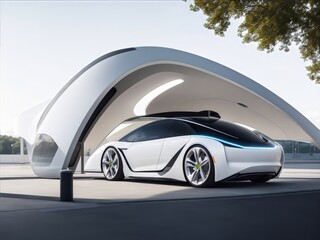 Sleek Futuristic EV on Eco-Friendly Electric Filling Station. Future of transportation.