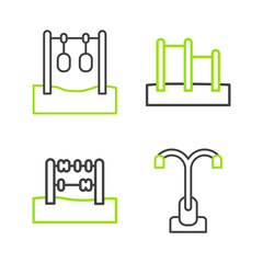 Fototapeta premium Set line Street light, Abacus, Horizontal bar and Gymnastic rings icon. Vector