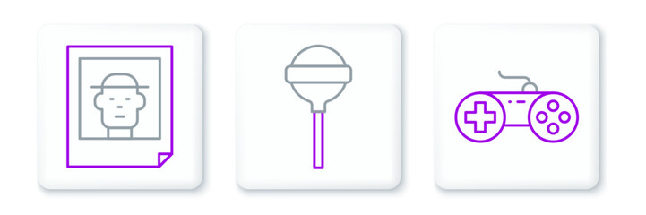 Set line Gamepad, Photo and Lollipop icon. Vector