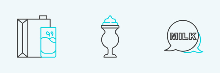 Set line Lettering milk, Paper package for and Milkshake icon. Vector