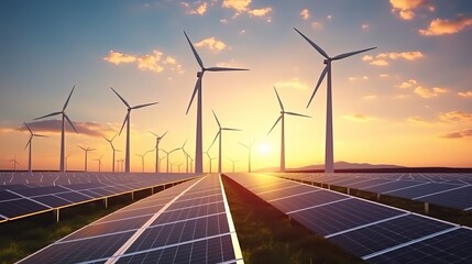scenic sunset glow on modern wind turbines and solar panels – eco-friendly renewable energy - obrazy, fototapety, plakaty