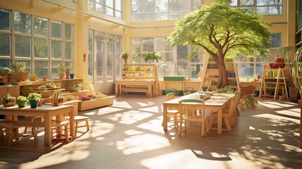 Kindergarten Setting Bathed in Natural Light Fuels Children's Arts, Crafts, and Creative Exploration