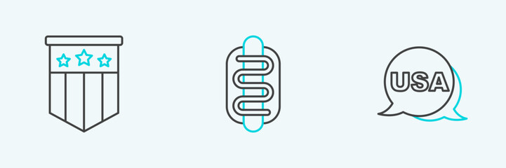 Set line USA Independence day, American flag and Hotdog sandwich icon. Vector