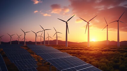 scenic sunset glow on modern wind turbines and solar panels – eco-friendly renewable energy