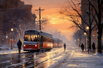 Traffic lights and car headlights casting an ethereal glow on snow-covered city streets as commuters navigate the early morning chill - Generative AI