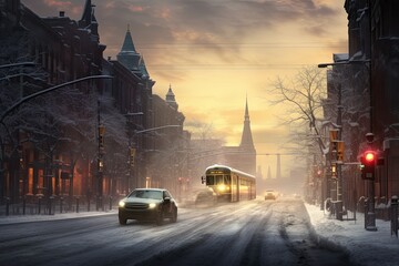 Traffic lights and car headlights casting an ethereal glow on snow-covered city streets as commuters navigate the early morning chill - Generative AI - obrazy, fototapety, plakaty