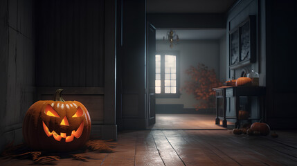 Halloween pumpkin in old house interior. Halloween background