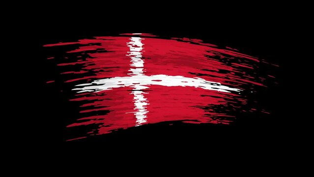 Denmark flag animation. Brush painted danish flag on a transparent background. Brush strokes. Denmark state patriotic national banner template. Place for text. Animated design element, seamless loop