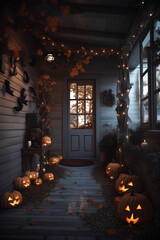 Porch of the house decorated with pumpkins for Halloween