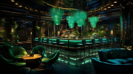 Luxury Nightspot and Restaurant with Striking green Interior. Upscale Lounge Bar