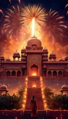 Tuinposter illustration of hindu temple with beautiful sunset background for celebration of india.illustration of hindu temple with beautiful sunset background for celebration of india.3d rendered of a beautiful © Shubham