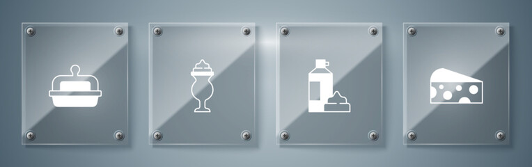 Set Cheese, Whipped cream in bottle, Milkshake and Butter butter dish. Square glass panels. Vector