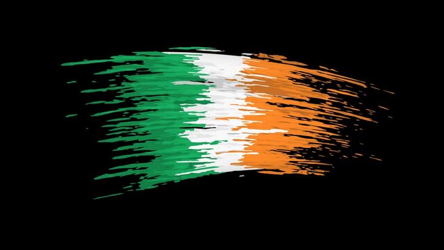 Republic of ireland flag animation. Brush painted irish flag on a transparent background. Brush strokes. Ireland state patriotic national banner template. Animated design element, seamless loop