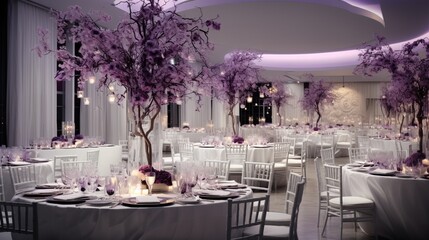 Modern Restaurant hall Adorned in purple and White, Hosting a Lavish Table Setting for a Wedding Celebration