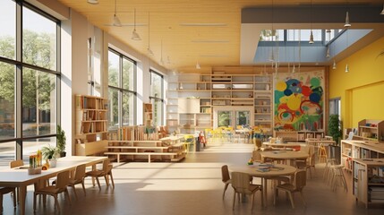 Fototapeta na wymiar Natural Light Energizes the Kindergarten, Fostering Children's Artistic Endeavors