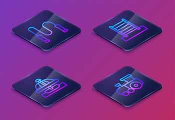 Set Isometric line Jump rope, Attraction carousel, Swedish wall and Toy train. Blue square button. Vector
