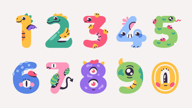 Cute funny monster numbers. Font for kids. Different symbols. Vector illustration eps10. Simple flat style. Bright, colorful cartoon elements. Typography template. Number shapes. Children characters.