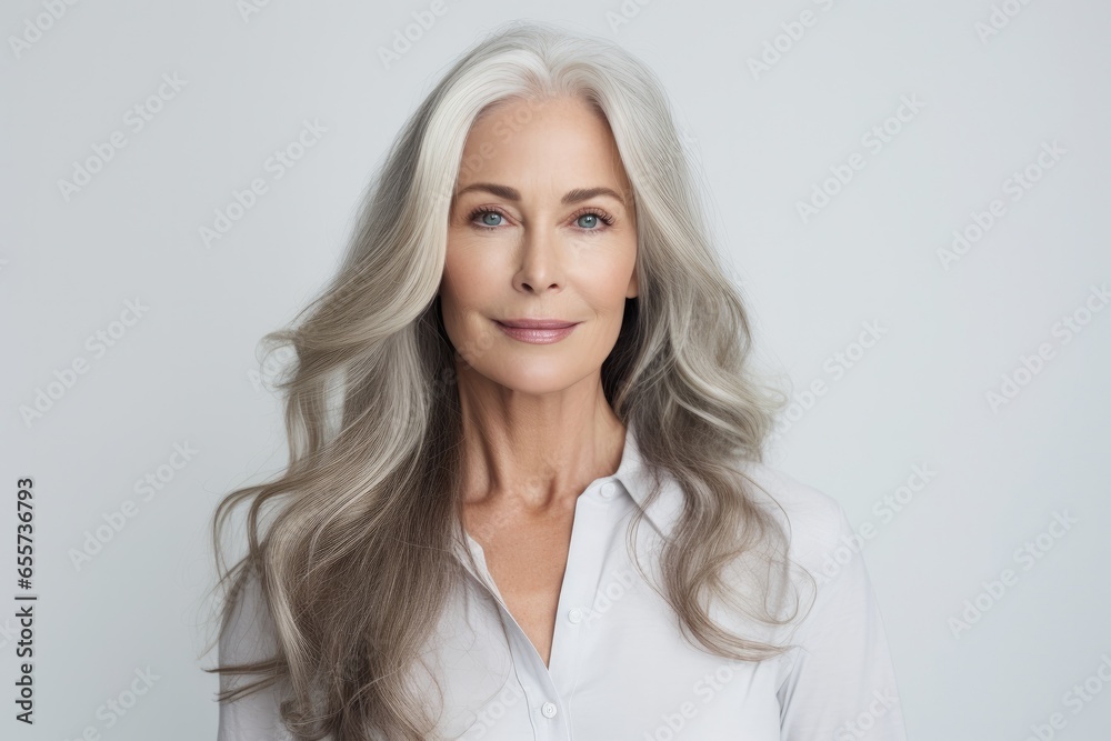 Wall mural A senior Caucasian woman with elegant gray hair, exuding confidence and natural beauty in a portrait