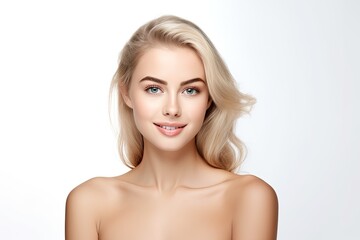 A portrait of a young woman with clear and healthy skin, showcasing her natural beauty and a fresh, glamorous look.
