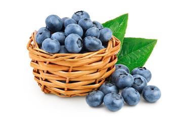 blueberry in wicker basket isolated on white background
