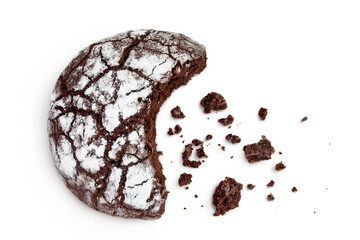 Chocolate brownie cookie isolated on white background. Top view. Flat lay