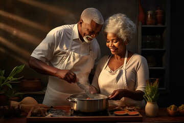 Senior happy smiling african american couple enjoying and cooking healthy dinner together on...
