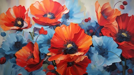 Artistic Expression: Bold Oil Painting Featuring Red and Blue Poppies