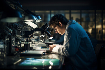 Inquisitive Scientist Delving into the Microcosm: Captivating Photo of Microscope Exploration in a Cutting-Edge Research Lab