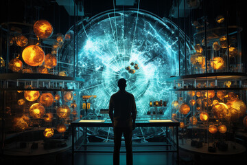 Fototapeta premium Inquisitive Scientist Delving into the Microcosm: Captivating Photo of Microscope Exploration in a Cutting-Edge Research Lab