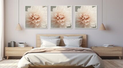 Bed Room Elevated by a Set of Three Art Paintings Featuring White and Golden Dahlias