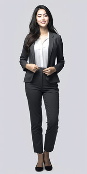 Portrait of a beautiful asian business woman standing over gray background