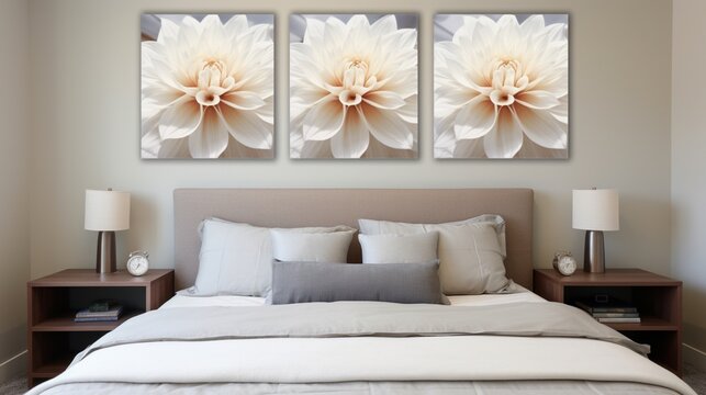 Bed Room Elevated by a Set of Three Art Paintings Featuring White and Golden Dahlias