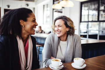 Happy smiling middle aged female friends sitting in a café laughing and talking during a lunch break - obrazy, fototapety, plakaty
