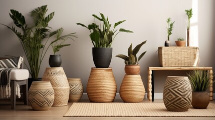 Bohemian Interior Delights with Wooden Tables, Beige Handmade Knitted Baskets, and Round Jute-Based Knitted Pots