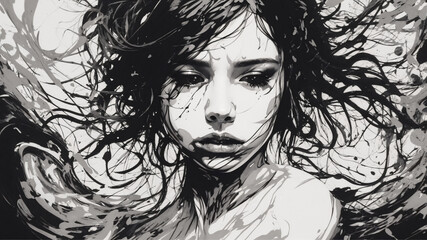 Serious girl abstract art, black color, anxiety heavy burden