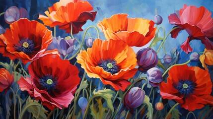 Bold Strokes of Color: Red and Blue Poppies in an Expressive Oil Painting