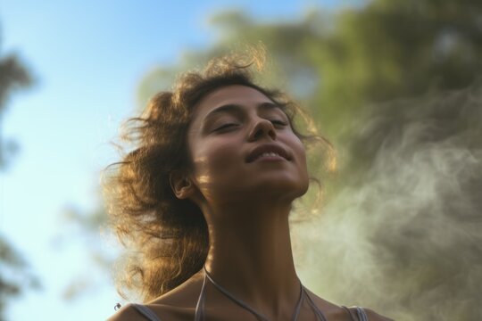 Close up de mujer meditando en plena naturaleza. 