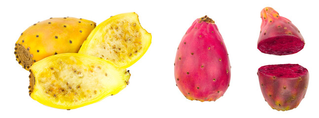 red end yellow prickly pear or opuntia isolated on a white background. Top view. Flat lay