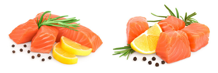 raw salmon piece cube with rosemary, lemon and peppercorn isolated on white background close up