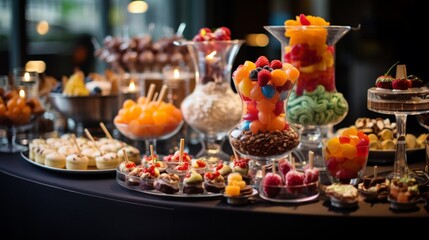 Naklejka premium Celebratory Table, beautifully decorated, featuring Sweets and a Diverse Selection of Snacks at a Restaurant