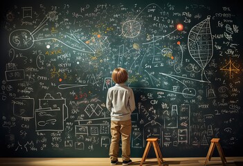 a boy with blackboard full of mathematic formula and calculation on it, Generative Ai - obrazy, fototapety, plakaty