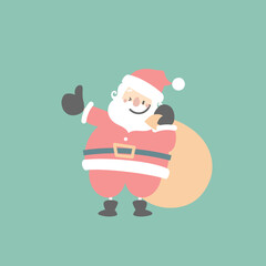 merry christmas and happy new year with cute santa claus and present gift bag in the winter season green background, flat vector illustration cartoon character costume design