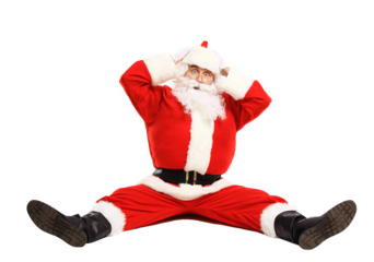 Hilarious and funny Santa Claus confused while sitting on a transparent background full length