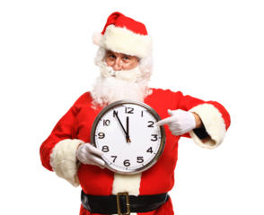 Photo of Santa pointing at clock showing five minutes to midnight isolated on transparent background
