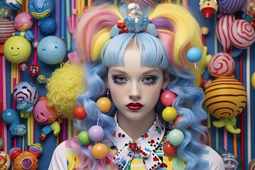 close up portrait of teenage girl wearing colorful make up and hair accessories, street fashion fun style, Generative Ai