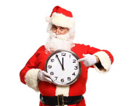 Photo of Santa pointing at clock showing five minutes to midnight isolated on transparent background